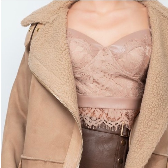 TAUPE BROWN FAUX FUR SUEDE MOTO JACKET BIKER COAT - Picture 4 of 14